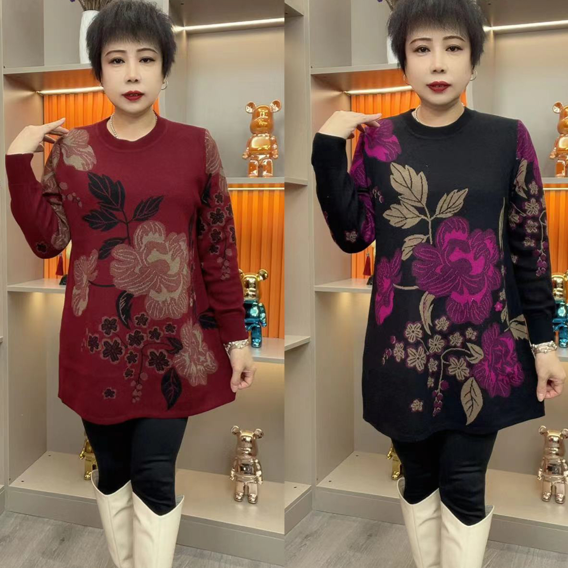 秋季圆领中长款针织衫大码妈妈装遮肚显瘦休闲百搭毛衣