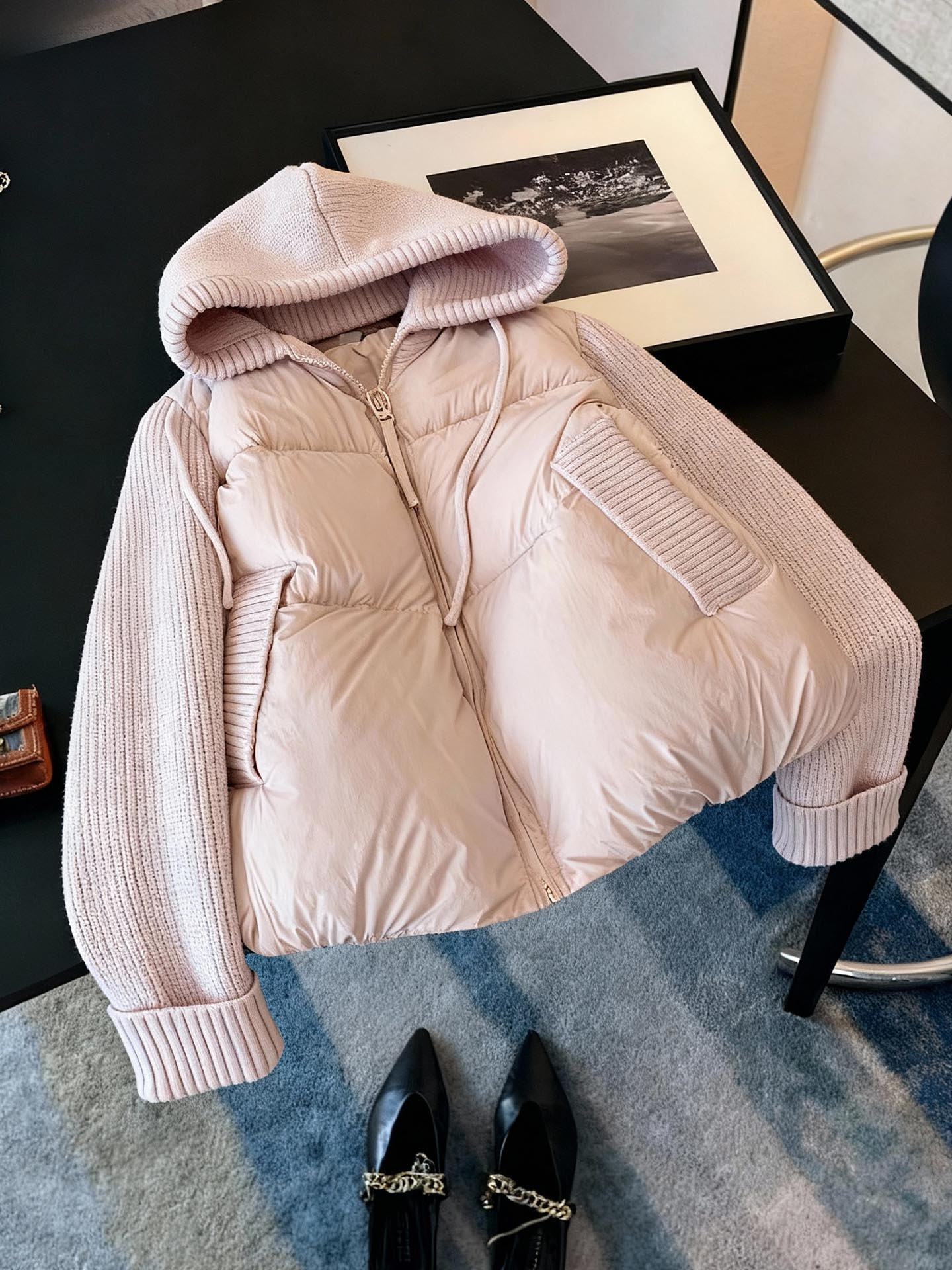 2025年秋冬季新款粉色拼接针织连帽棉服高级感宽松加厚外套女装