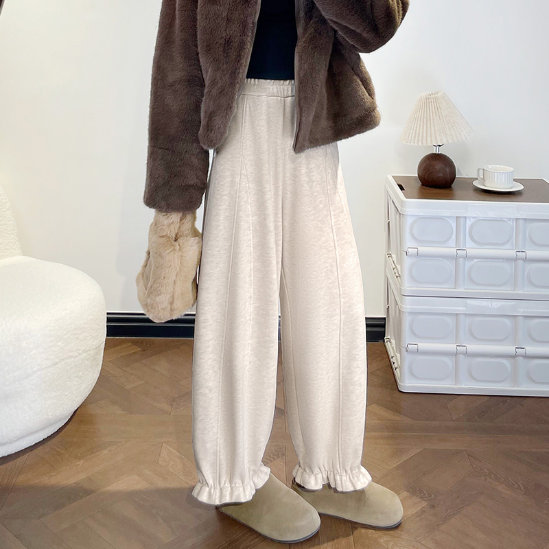 羊毛九分阔腿裤女秋冬季2025新款加厚糯米小个子宽松木耳边花苞裤