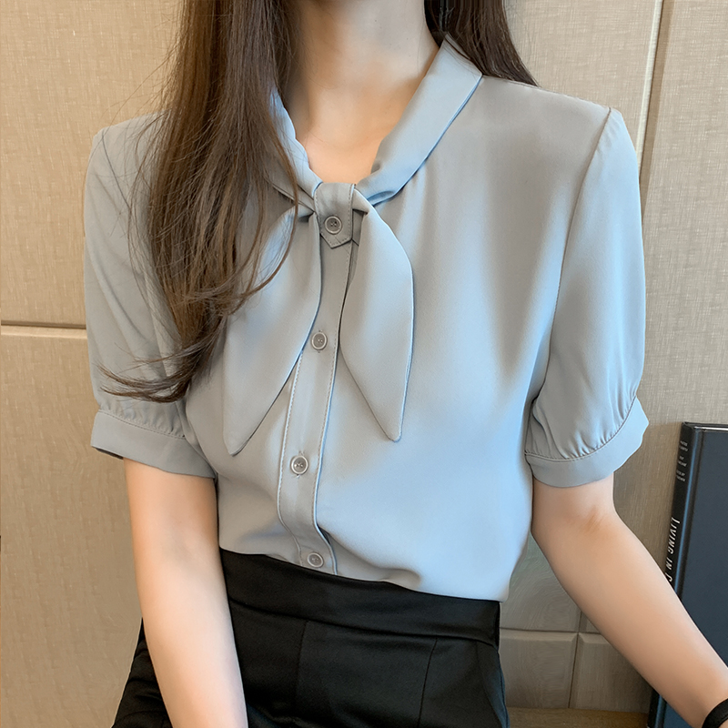 气质高档短袖雪纺衬衫女夏装2025新款法式蝴蝶结职业衬衣洋气上衣