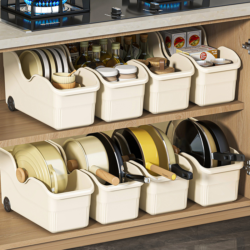 【拍一发三】大容量多功能厨房锅具收纳筐橱柜置物带滑轮抽拉式储物