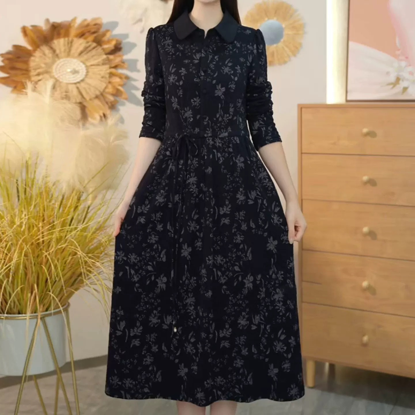 【衣雅严选】8112-2384#新款气质软精仿木兰棉减龄款系带连衣裙