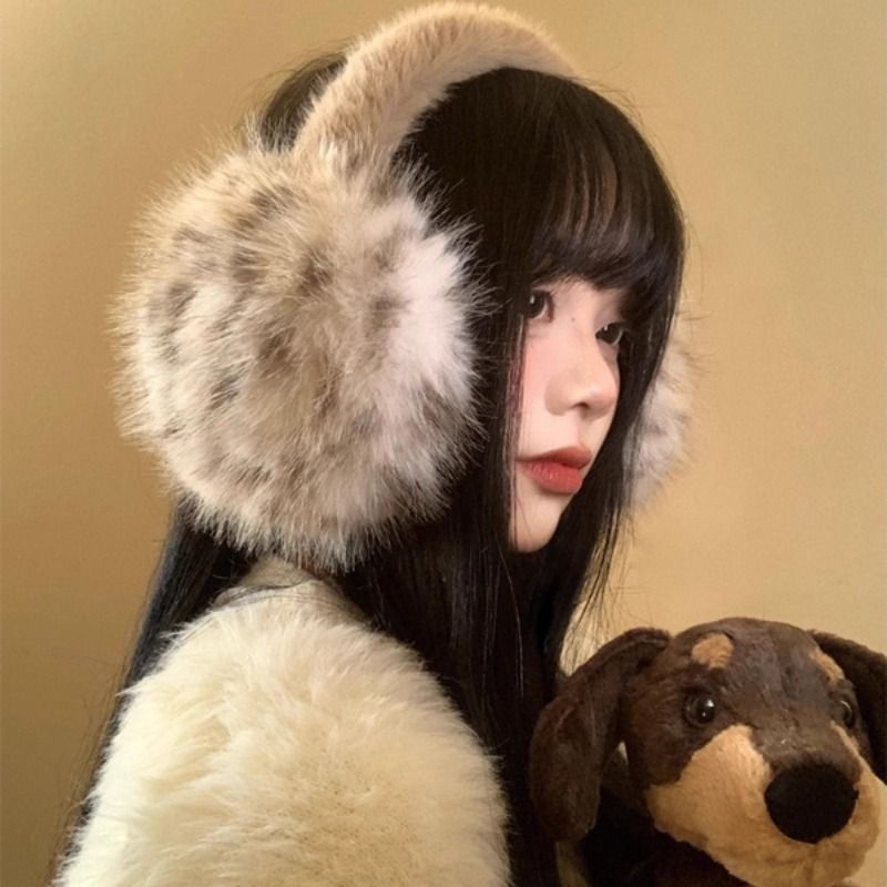 豹纹毛绒耳罩女冬季毛茸茸耳包耳套骑车防冻防寒保暖耳暖耳捂子