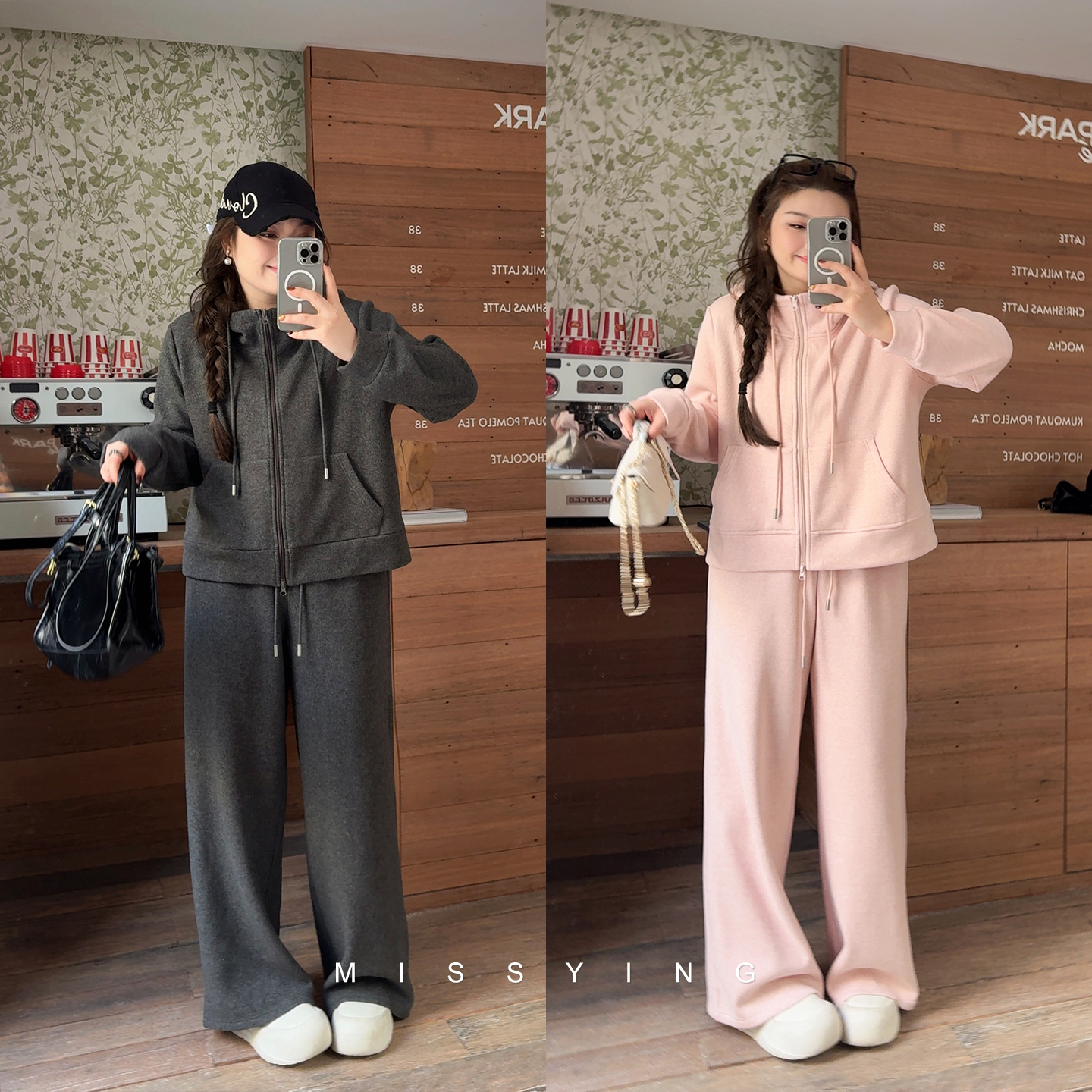 应小姐【漫步巴塞】微胖大码冬季显瘦宽松加绒INS风上衣+长裤套装