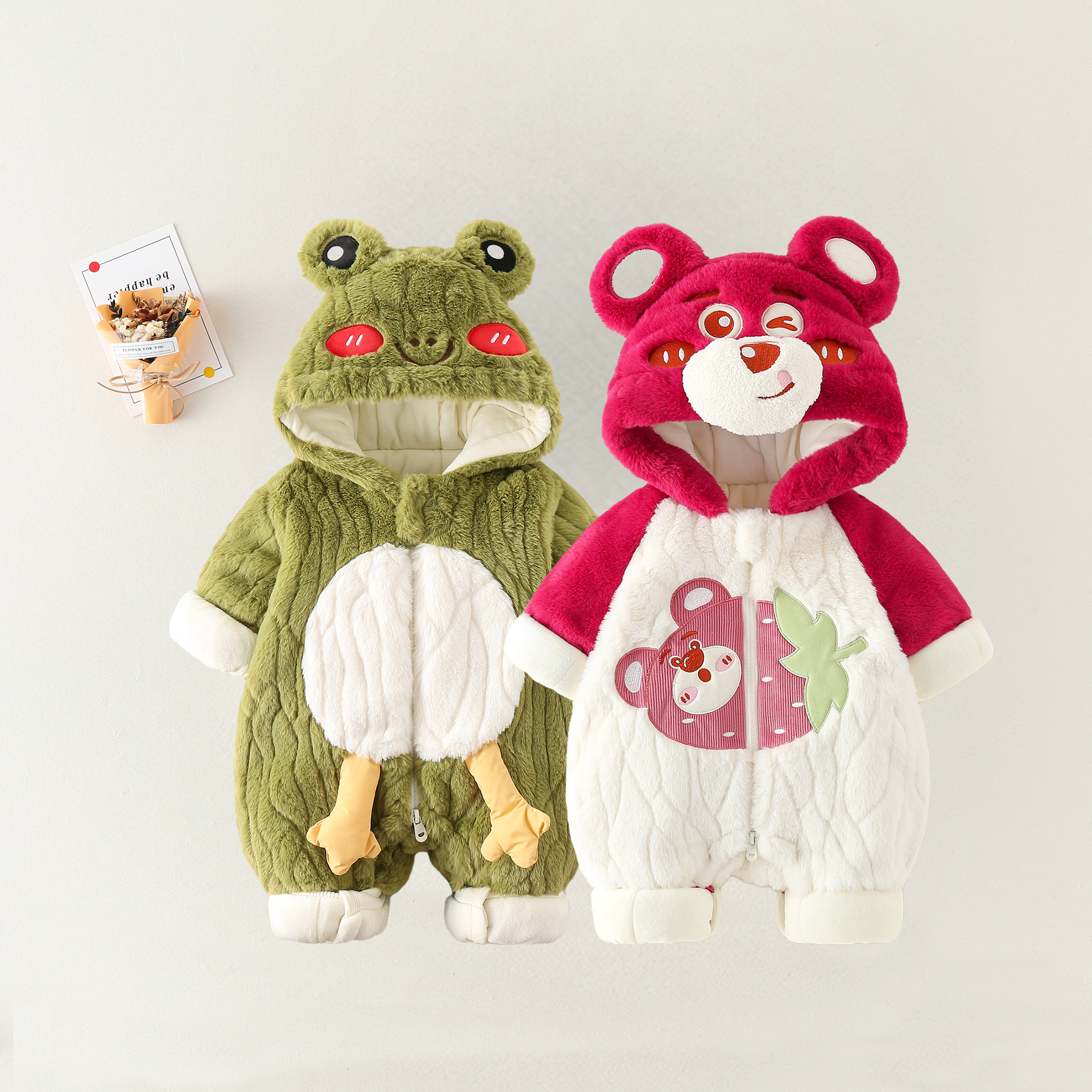 婴儿衣服外套冬装哈衣加绒夹棉保暖宝宝外出连体衣毛毛衣超萌可爱