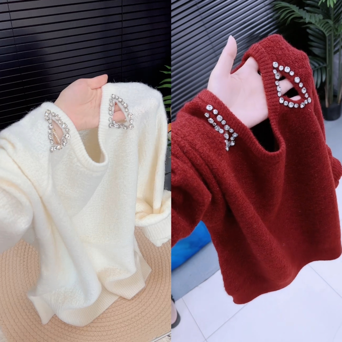 时尚百搭圆领套头毛衣女重工钉珠露肩宽松显瘦针织衫上衣潮2025年