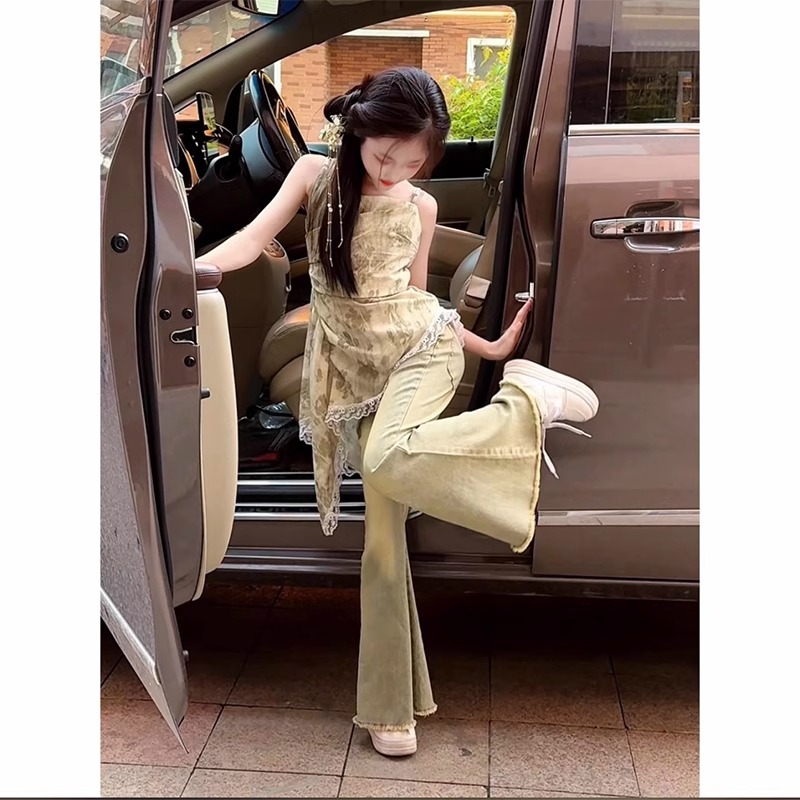 女童夏装套装2024新款洋气儿童韩版女孩夏季牛仔裤吊带裙子两件套