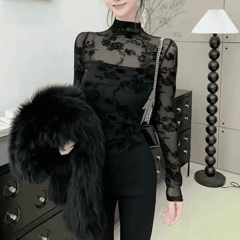 加绒法式蕾丝衫打底显瘦上衣长袖时尚百搭轻熟洋气网红半新款2025