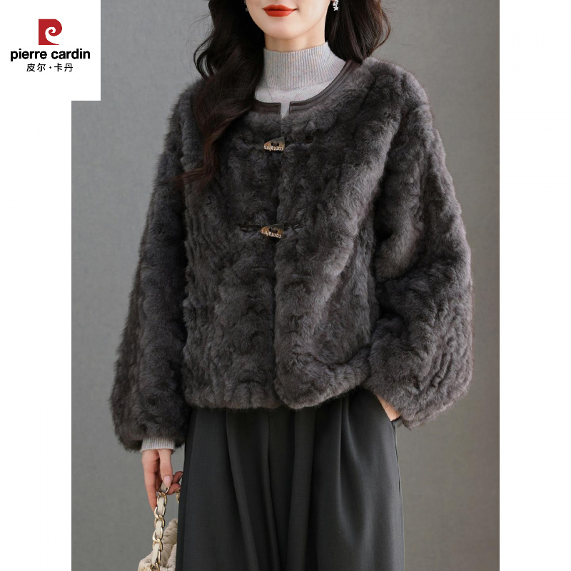 皮尔卡丹水貂绒皮草大衣外套女开衫圆领短款高腰小个子