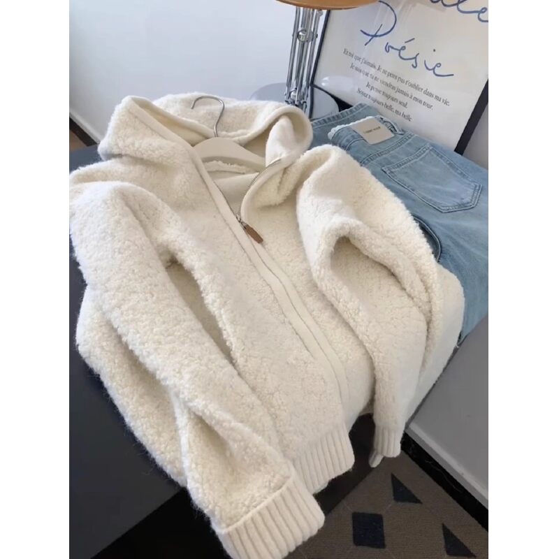 自留爆款推荐~米白色连帽软糯毛衣外套女秋新款百搭宽松针织开衫