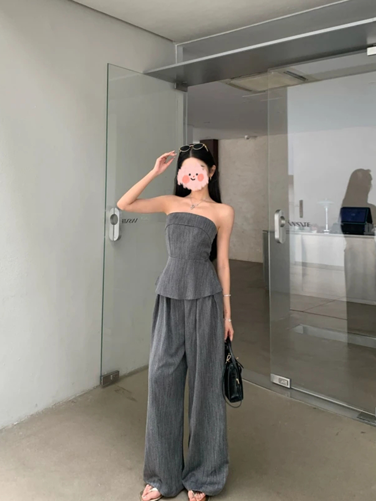 夏季通勤气质小众复古辣妹无袖显瘦抹胸上衣宽松高腰直筒阔腿裤