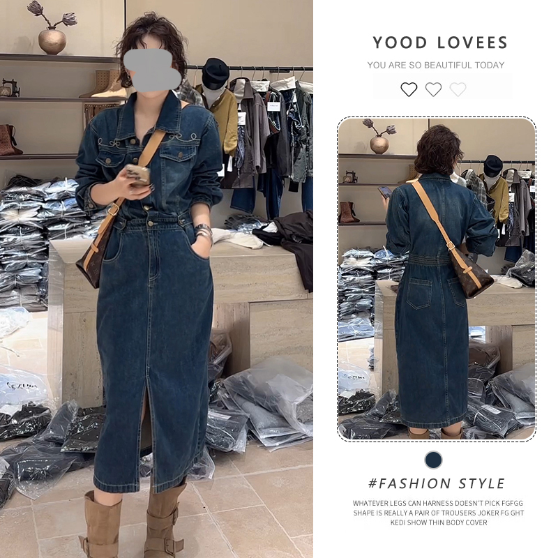 春秋新款复古慵懒风气质翻领系扣长袖连衣裙女今年流行时尚牛仔裙