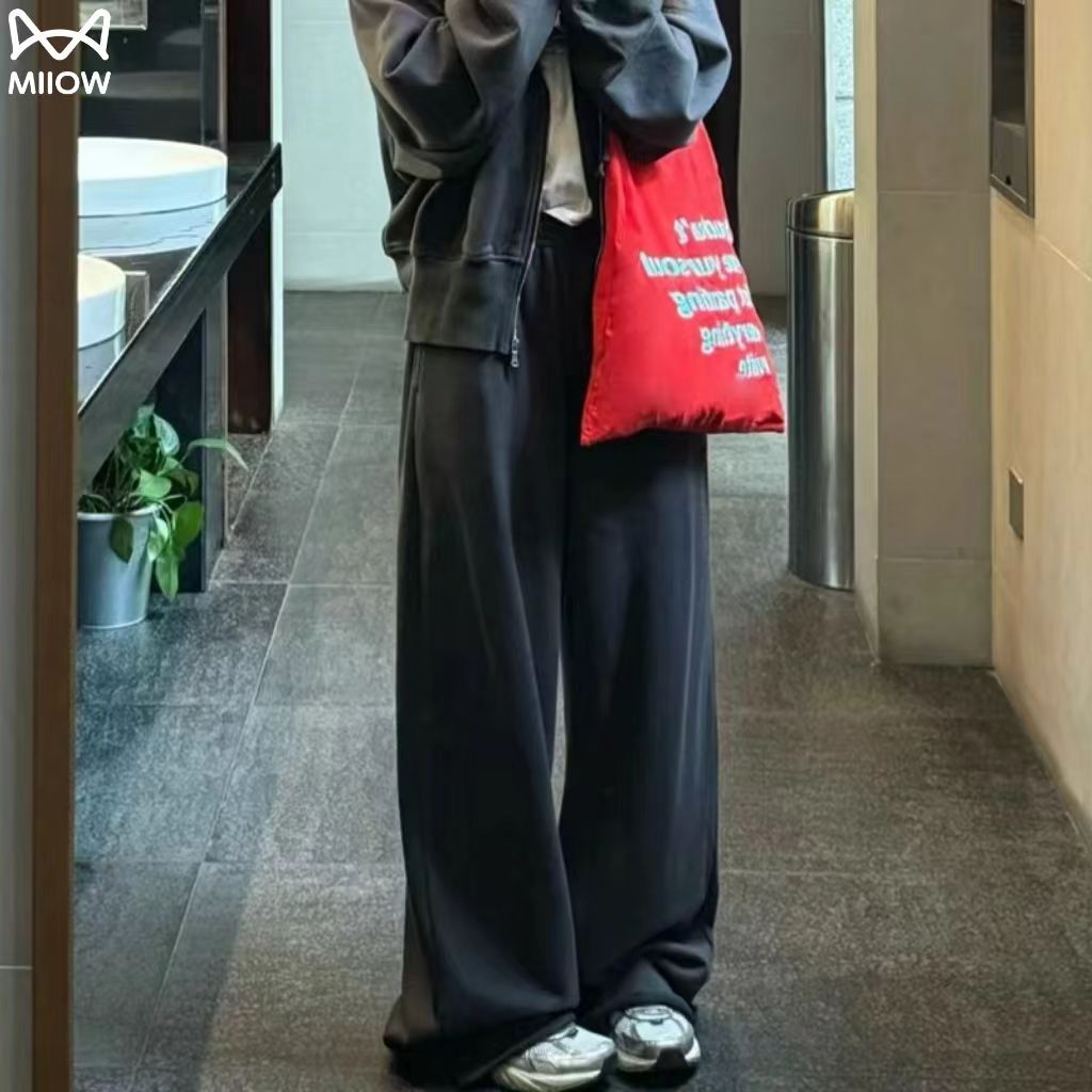 猫人灰色运动裤子秋女2025新款高腰垂感直筒阔腿裤小个子加绒卫裤