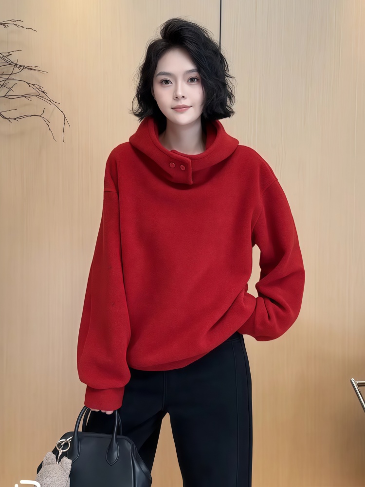 韩系红色连帽加厚卫衣2025新款秋冬季巨好看的宽松慵懒风上衣女装