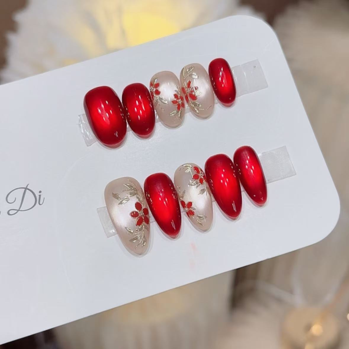 【花精灵】姐弟纯手工穿戴美甲红色手绘跳色精致感BB676