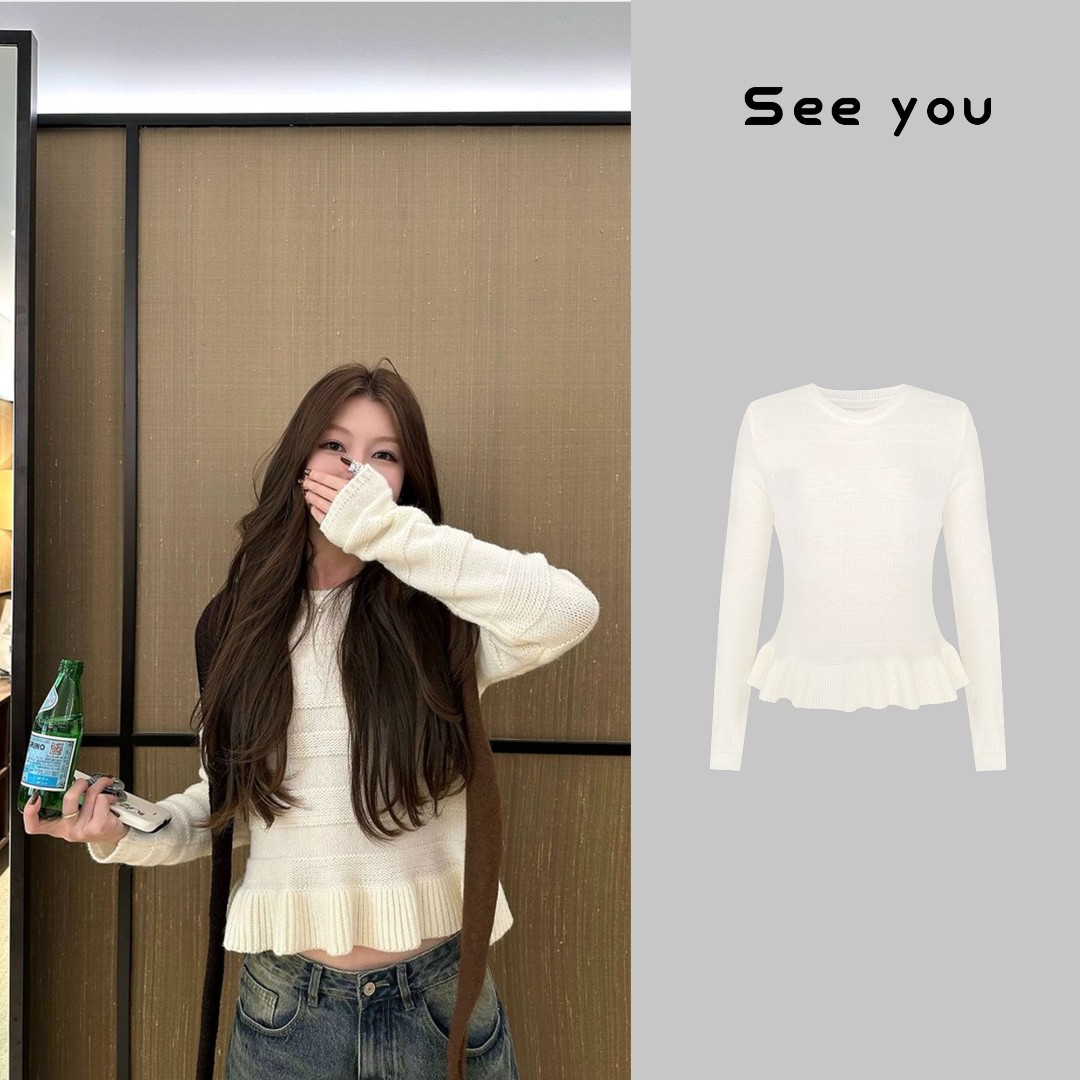 新款温柔甜美系糯糯花瓣摆套头针织上衣L1784