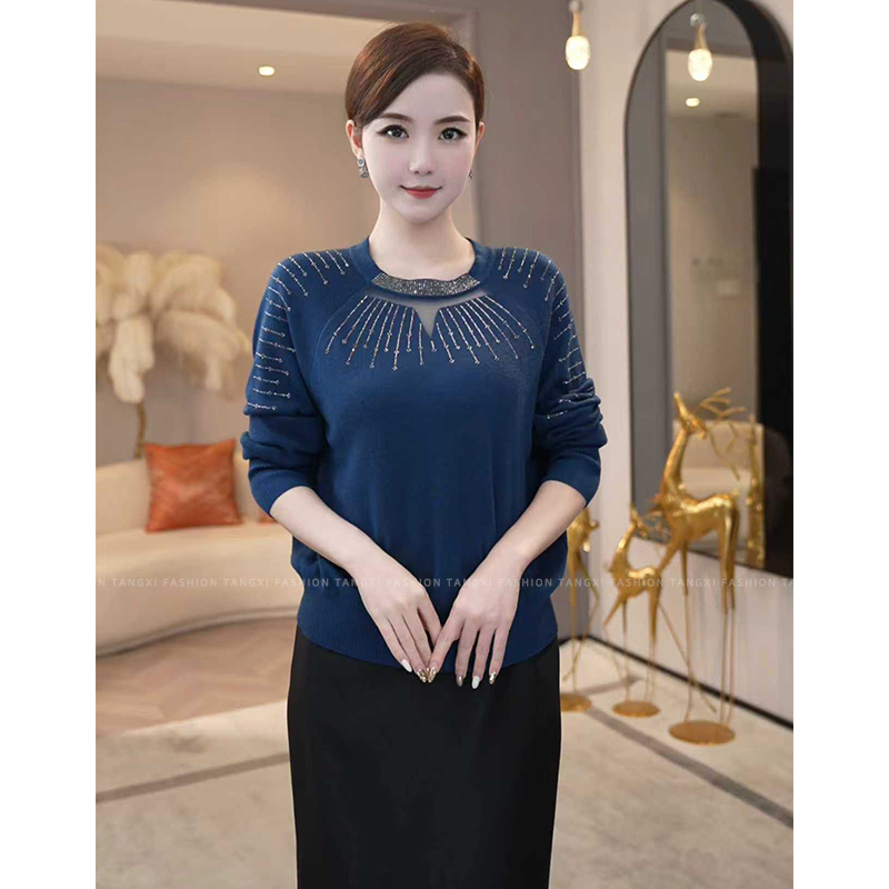 2026年秋冬新款【QQ-1212JR】天丝醋酸羊毛烫钻镂空蓝色针织毛衣