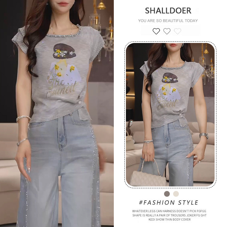 设计感韩版潮流T恤女生2025夏季薄款串钻字母印花气质小飞袖上衣