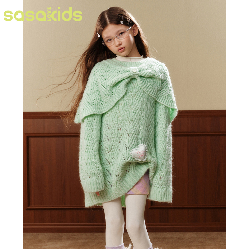 sasakids秋冬薄荷曼波镂空花纹蝴蝶结罩衫两件套百搭两穿毛衣女童
