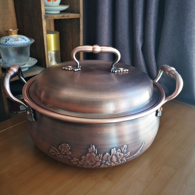 纯铜汤锅紫铜电磁炉燃气家用煲汤平底铜锅雕花复古铜锅家用厨具