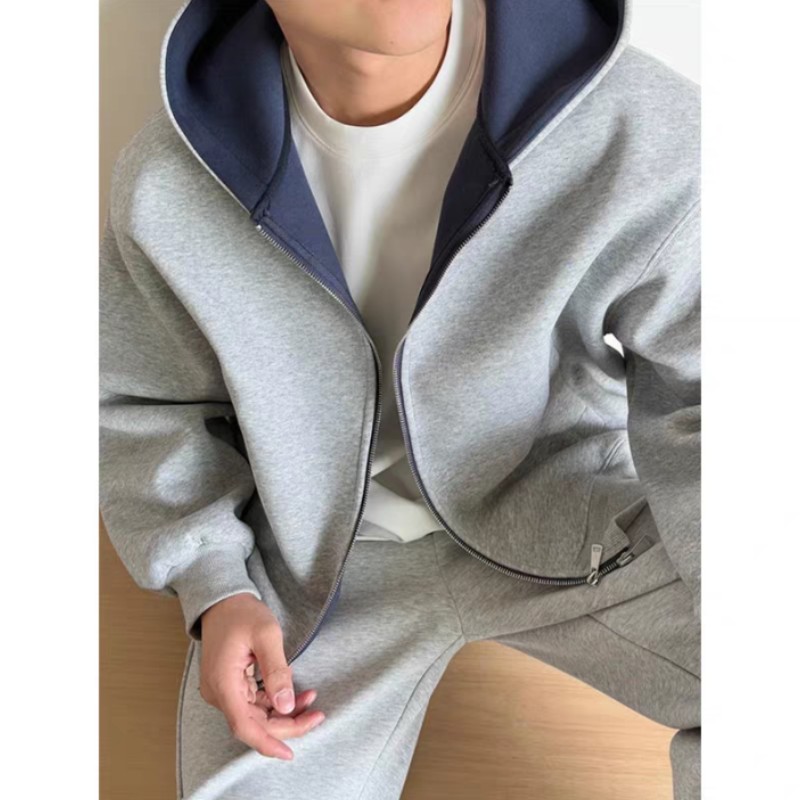 春秋双拉链开衫长袖男士韩版宽松休闲百搭拼色连帽卫衣秋季外套潮