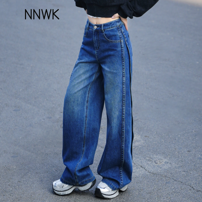 春秋美式高腰牛仔裤女款爆款宽松显瘦裤子女蓝色休闲裤阔腿裤长裤