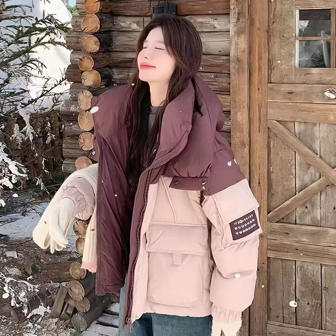 【高品质】棉服女2025冬季新款拼接短款棉衣韩版宽松连帽棉袄外套潮