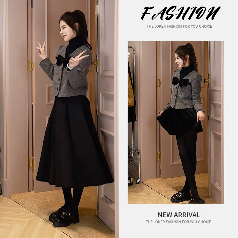 秋季一整套女装2025新款韩版洋气蝴蝶设计上衣高腰百搭裙子两件套