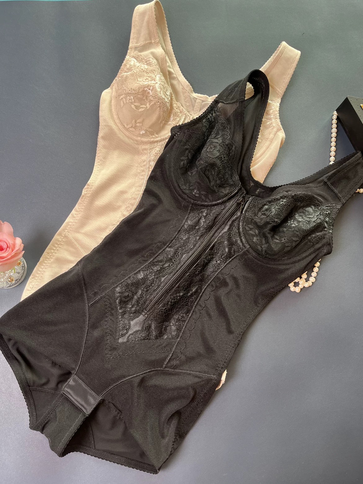 前拉链连体衣有钢圈收腹提臀聚拢托胸美体衣薄款舒适美背塑形紧身