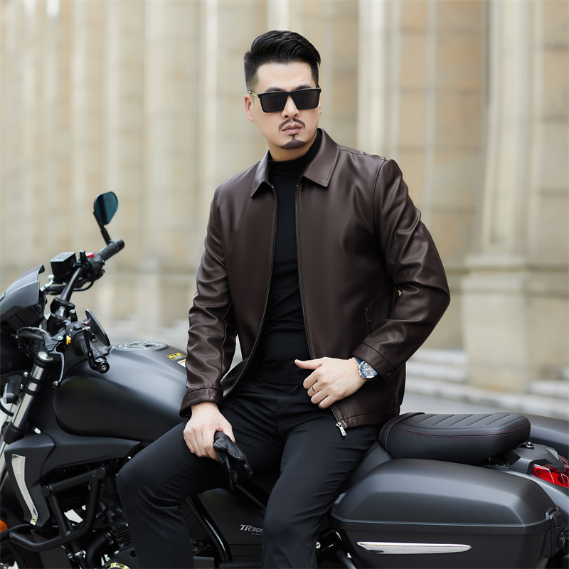 海宁衣嘉男士商务休闲时尚帅气百搭翻领真皮夹克款男装男士皮衣