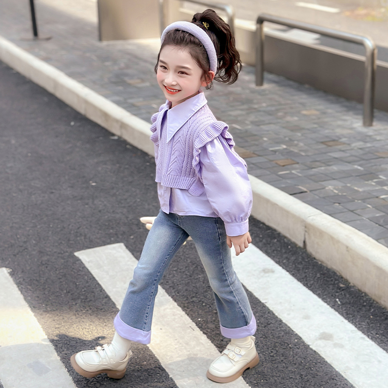 女童蝴蝶结套装春秋季新款2026韩版洋气宝宝衬衫马甲打底裤三件套