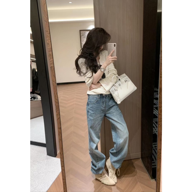 韩系休闲气质简约长袖镂空针织衫秋冬高腰垂感休闲阔腿长裤两件套