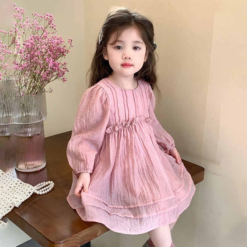 女小童薄纱裙春秋款2025新品女宝宝长袖粉色洋气连衣裙法式公主裙
