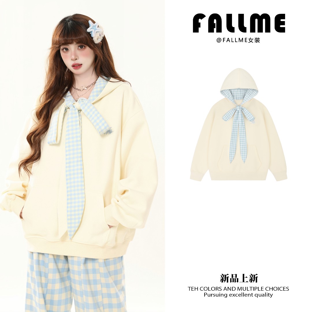 【双11好物】学院风甜美格子围巾领连帽卫衣女春秋季小众设计感上衣