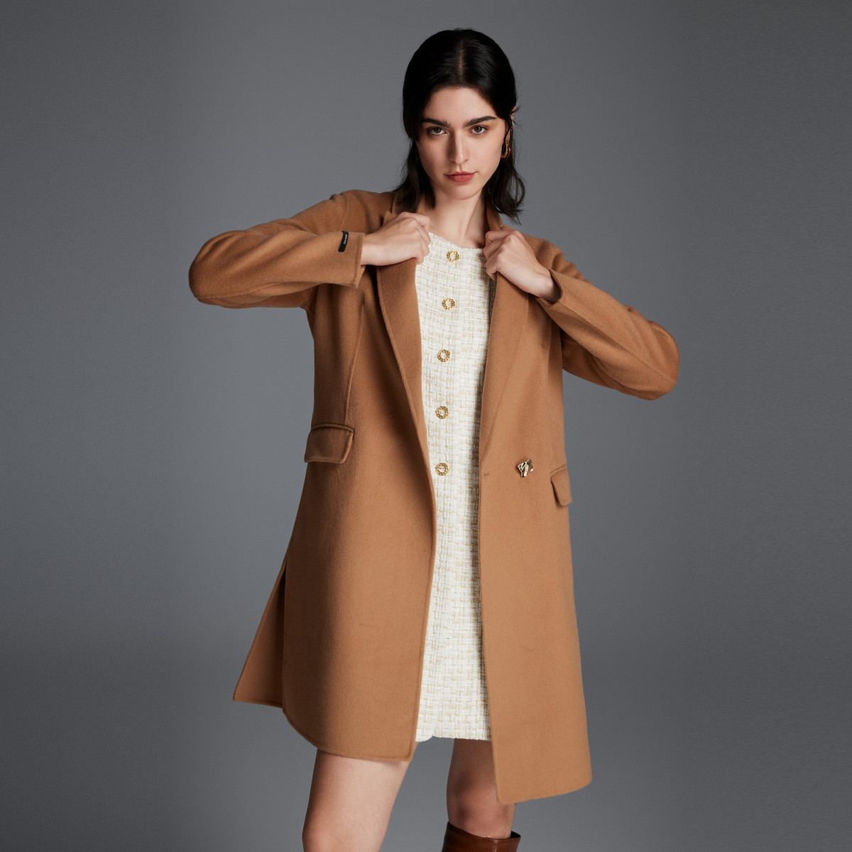 【绵羊毛混纺】G2000女装商场款西装领中长款毛呢外套直播