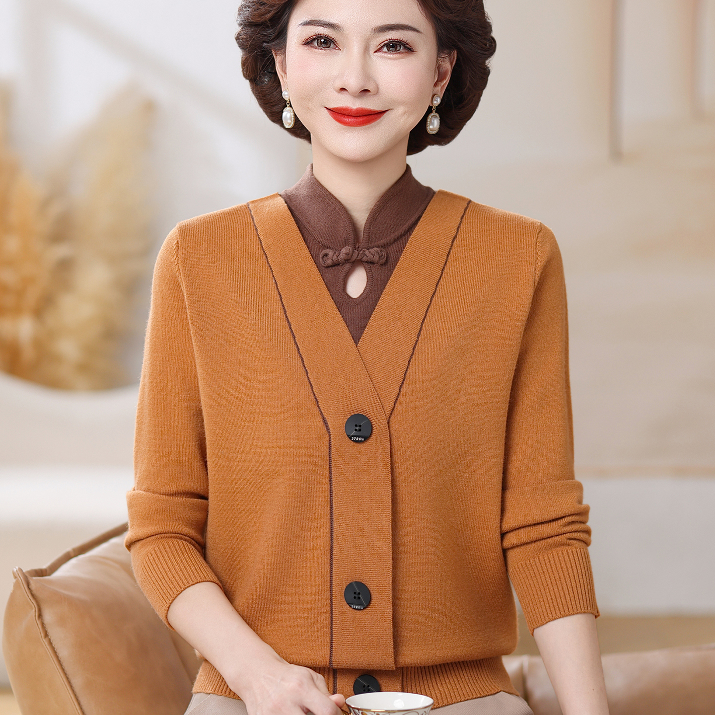 中年妈妈秋装假两件打底小衫洋气40-50岁妈妈装宽松毛衣针织衫