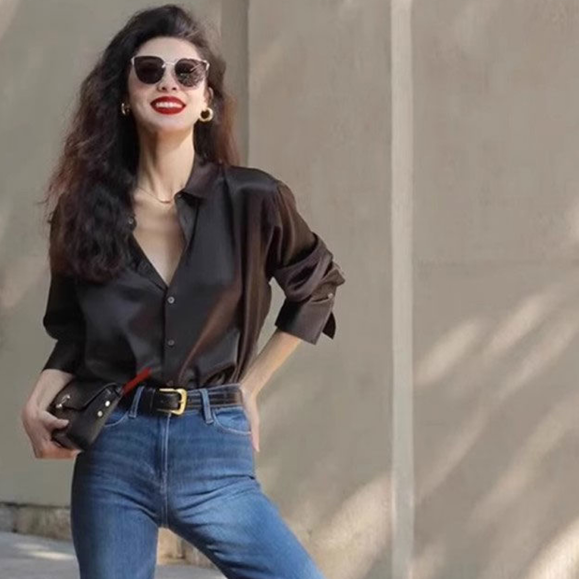 高级感醋酸缎面黑色长袖衬衫女小众设计感时尚高档法式垂感上衣潮