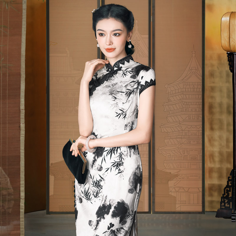 水墨画真咝走秀长款旗袍裙复古民国风桑蚕咝印花缎茶艺礼仪连衣裙