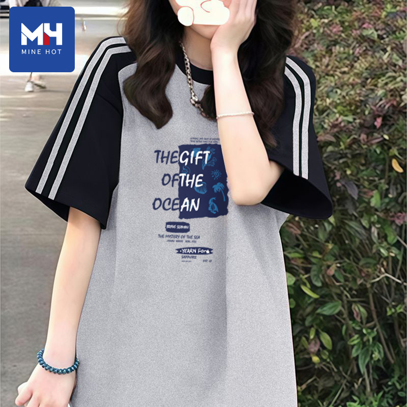 唐狮集团MH短袖t恤女早秋洋气百搭美式宽松圆领插肩纯棉拼条半袖