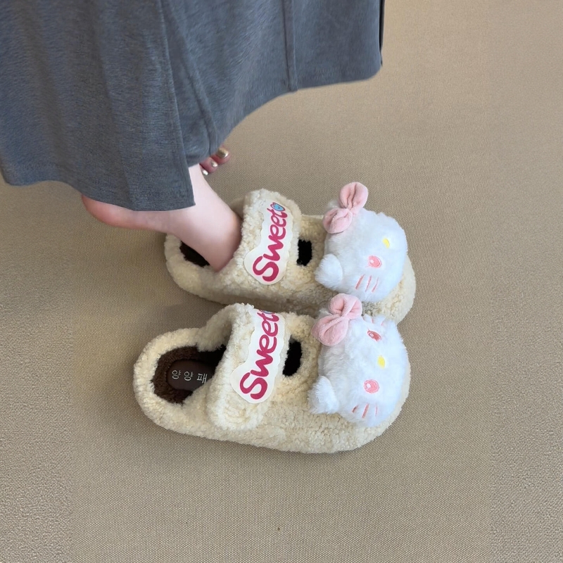 可爱卡通凯蒂猫厚底保暖毛毛鞋女2025秋冬新款外穿百搭舒适棉拖鞋