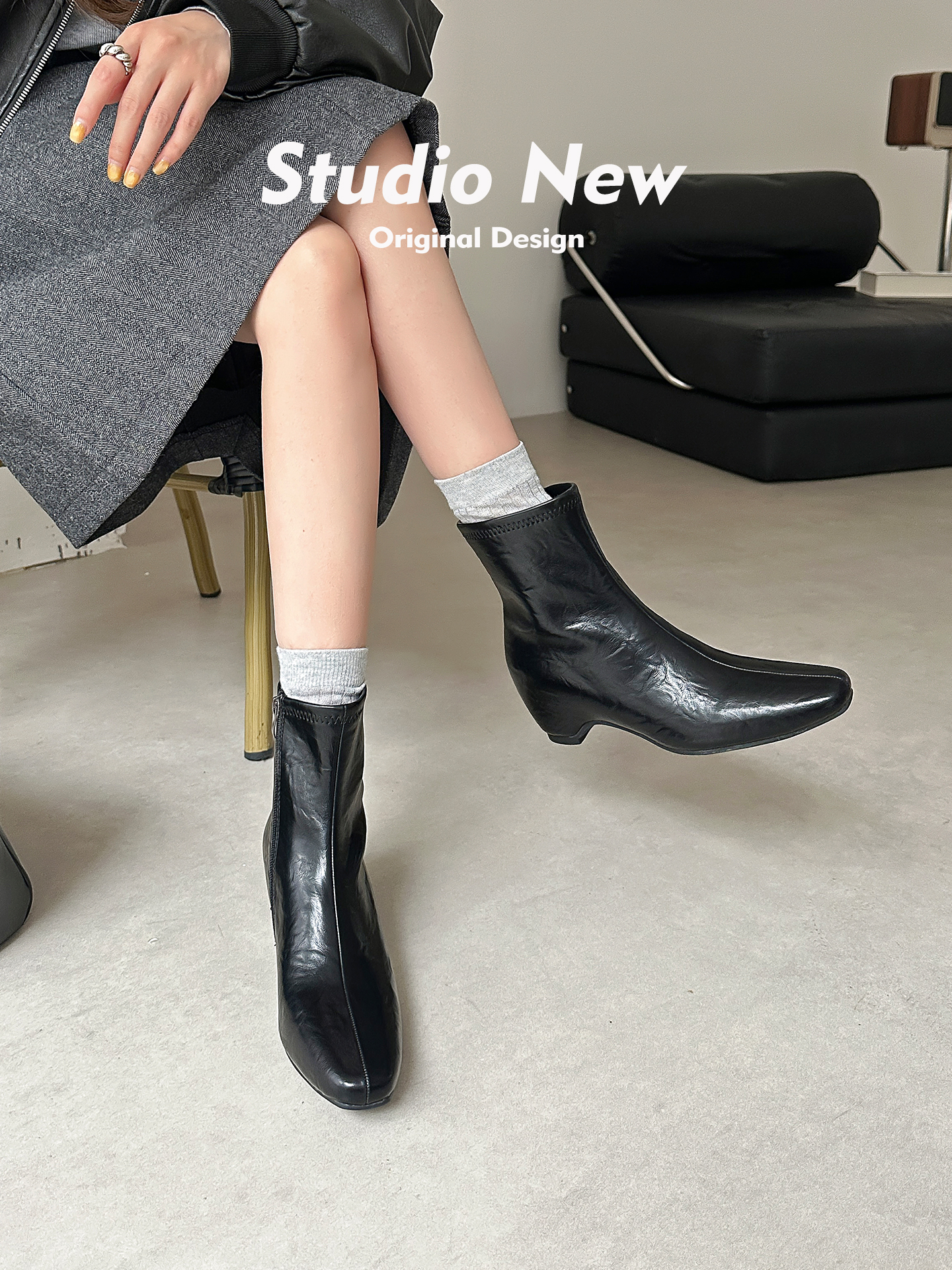 伦敦方头靴~~粗跟短筒马丁靴小众设计感猫跟女时装靴-257228-1