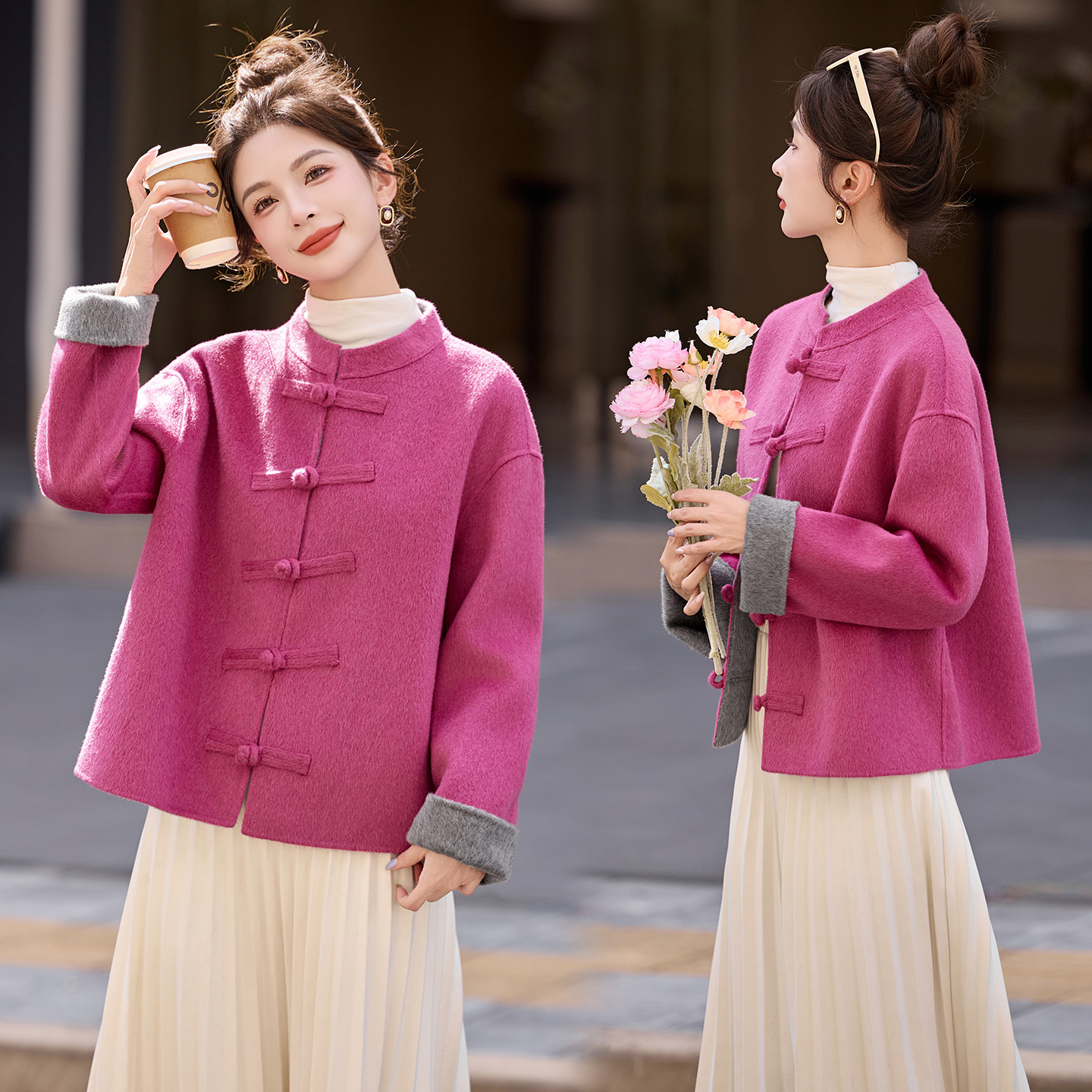 新中式复古盘扣双面羊毛短外套女2025秋冬新款高级感气质毛呢大衣