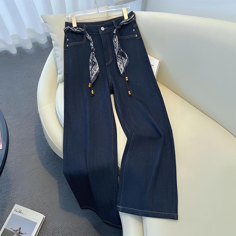 丹宁蓝丝巾腰带阔腿牛仔裤女士2025年秋季流行爆款高腰垂感直筒裤