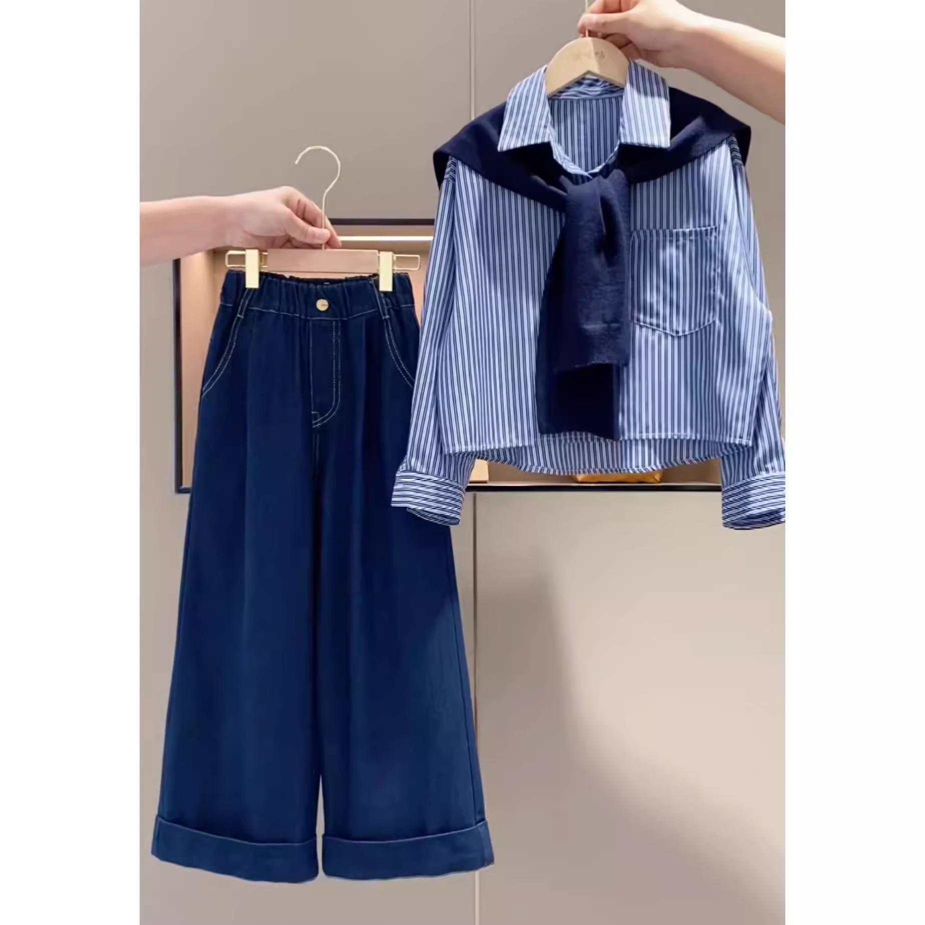 女童衬衫秋季中大童两件套装春秋装2025新款儿童春款牛仔裤韩系潮