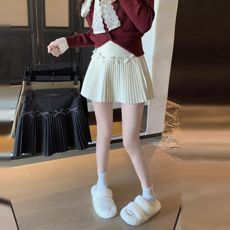 【现货+运补】白色半身裙蝴蝶结裙子黑色百褶裙早秋高腰短裙9222