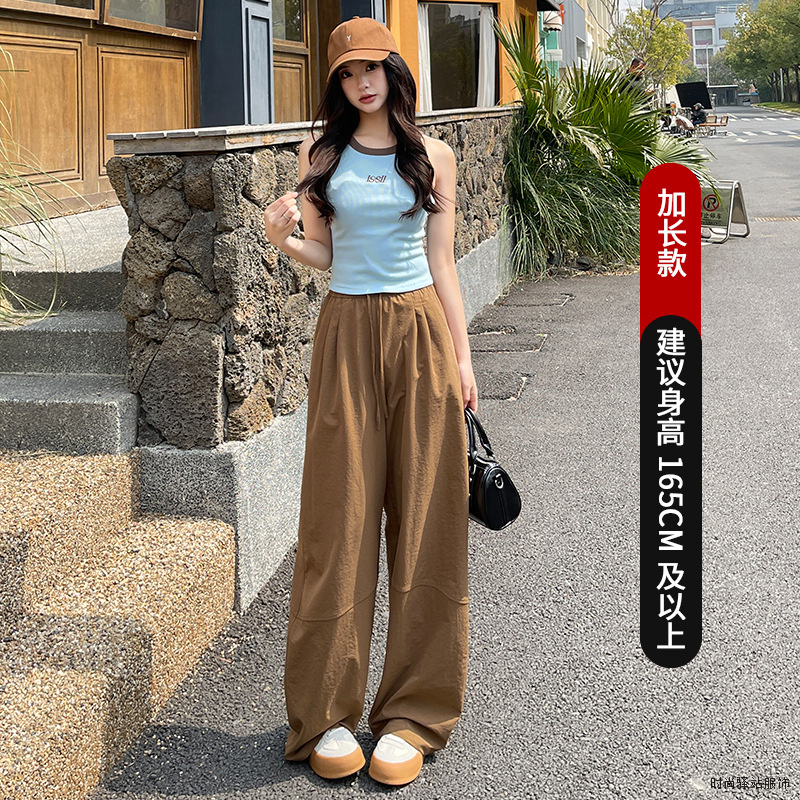 新款松紧抽绳阔腿拼接裤老钱风松弛感女裤