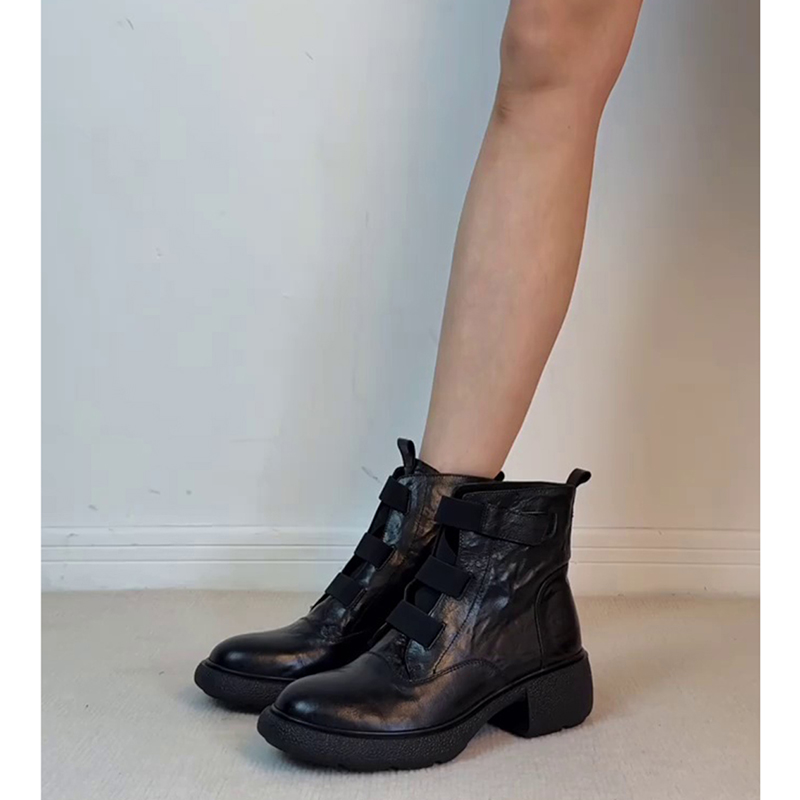 牛皮版~厚底马丁靴女款2025新款英伦风通勤魔术贴圆头复古短靴