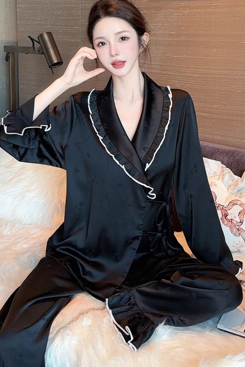 法式慵懒风睡衣女2025春秋薄款黑色缎面提花木耳边长袖长裤家居服