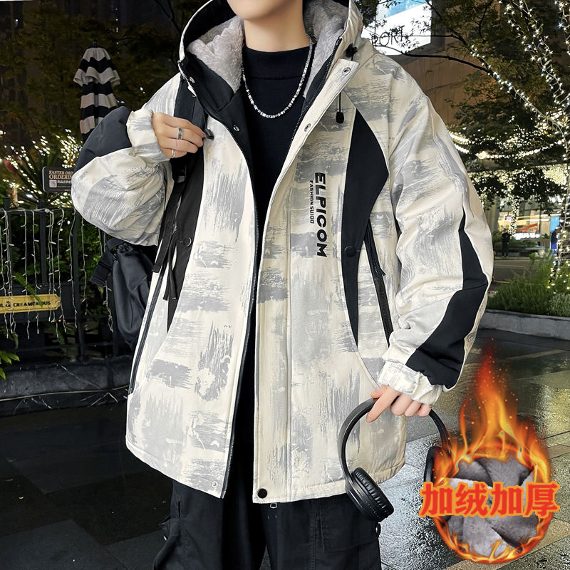 冬季连帽青少年撞色保暖夹克加绒加厚休闲学生百搭ins连帽外套男