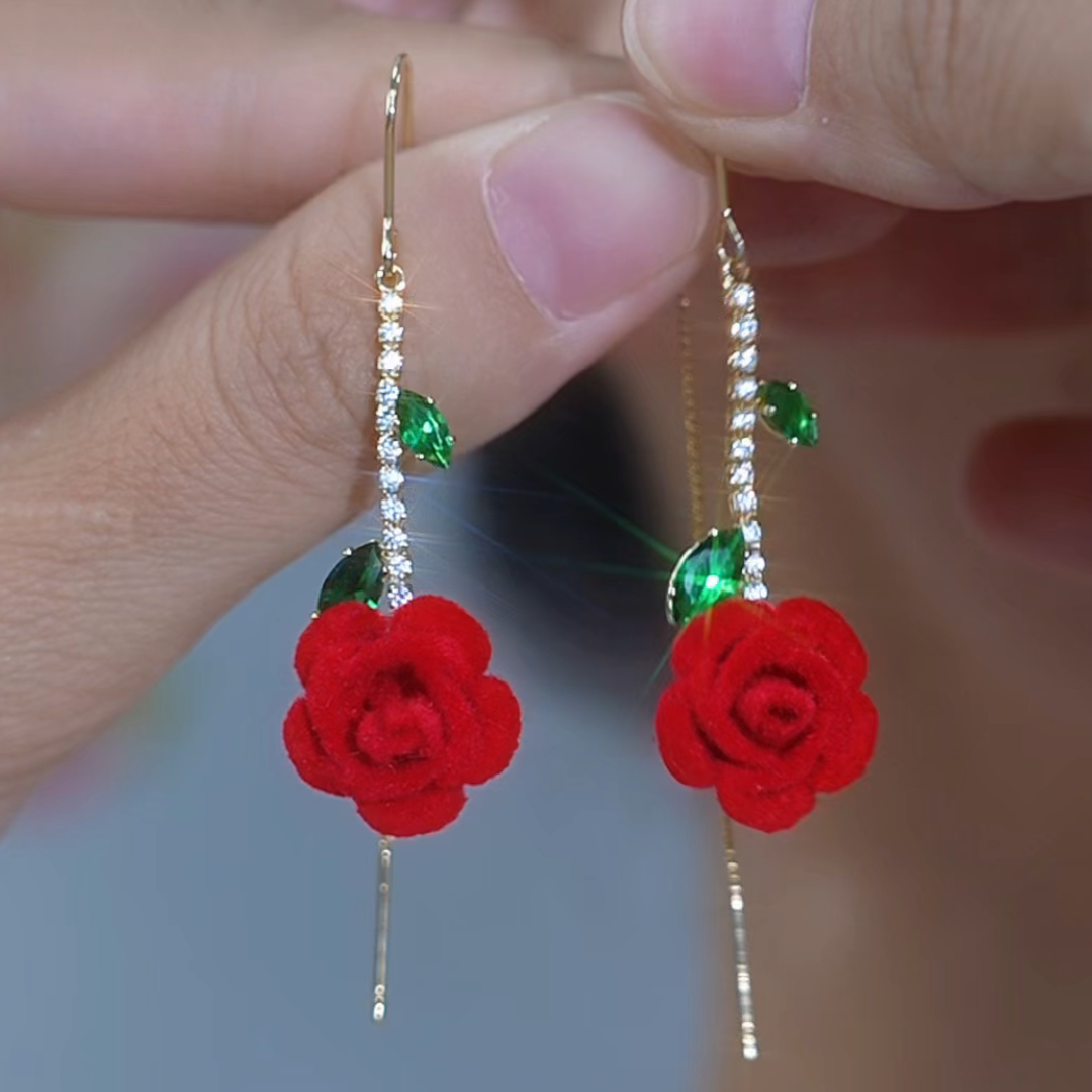 铜合金耳饰 中国风红色丝绒玫瑰花流苏耳线新年酒红色喜庆耳坠